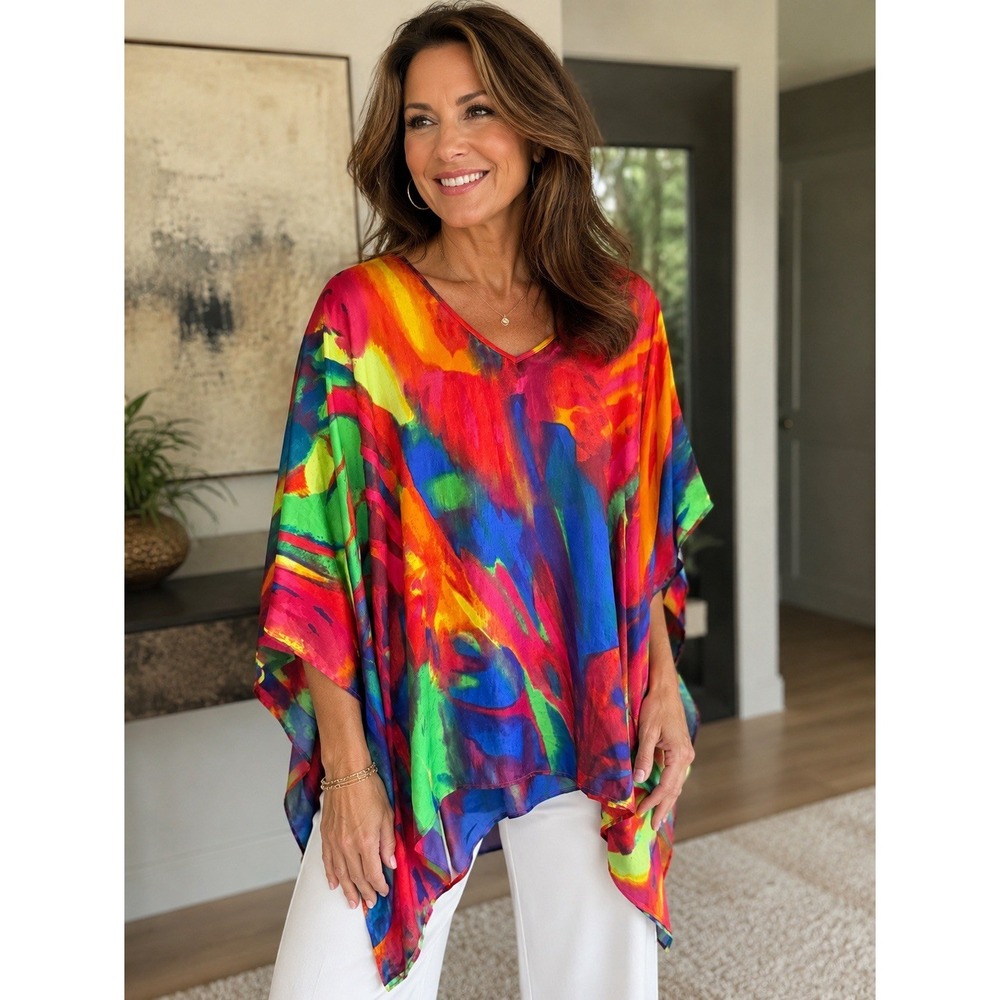 Chicos Silk Caftan Top Colorful Rainbow V Neck Artsy Flowy Batwing Sleeve S/M
